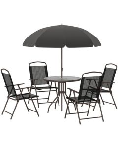Outsunny - 6 Piece Patio Dining Set For 4 With Umbrella, Outdoor Table And Chairs With 4 Folding Dining Chairs & Round Glass Table For Garden, Backyard And Poolside - Black