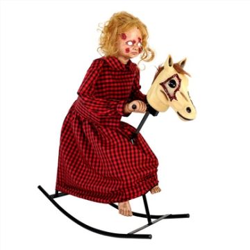 Haunted Hill Farm 3.2 ft. Voice & Sound-Sensor Rocking Horse Girl Halloween Animatronic
