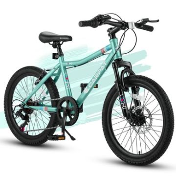 S20101 20" Kids' Bike, Boys Girls Mountain Bike Ages 8-12, 7 Speed Teenager Children Kids' Bicycles, Front Suspension Disc Brake Rear V-Brake, High Steel Frame-Green