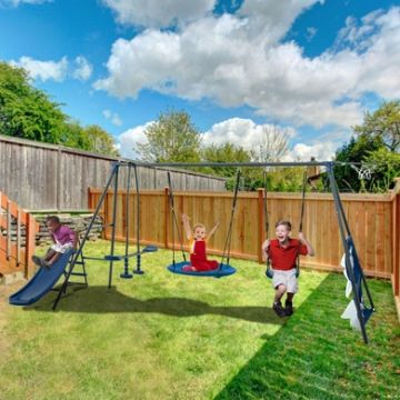 Interesting Six Function Swingset With Net Swing Metal Plastic Safe Swing Set 440Lbs For Outdoor Playground For Age 3+ With 31.5" Net Swing - Gray / Blue-Dark Gray
