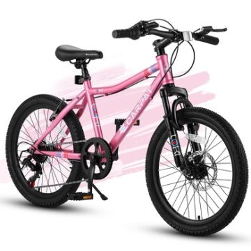 S20101 20" Kids' Bike, Boys Girls Mountain Bike Ages 8-12, 7 Speed Teenager Children Kids' Bicycles, Front Suspension Disc Brake Rear V-Brake, High Steel Frame-Pink