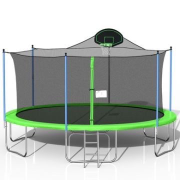 Trampoline For Adults & Kids With Basketball Hoop, Outdoor Trampolines With Ladder And Safety Enclosure Net For Kids And Adults-Green