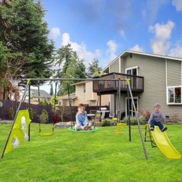 Interesting Six Function Swingset With Net Swing Metal Plastic Safe Swing Set 440Lbs For Outdoor Playground For Age 3+ With 31.5" Net Swing - Gray / Blue-Green
