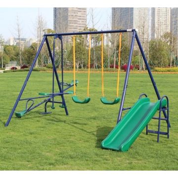 Backyard Co Outdoor Metal Swing Set with Slide and Seesaw, Blue