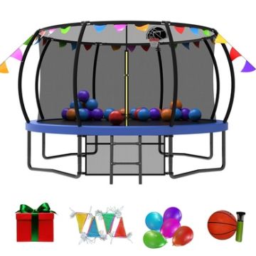 Outdoor Recreational Kids Trampoline with Safety Enclosure Net, Ladder and Flag Parts, Blue
