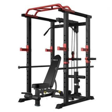 Backyard Co. Steel Multi-functional Power Cage with Lat Pull-Down and Weight Bench, Black and Red