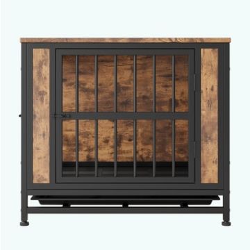 27.48" Wood and Metal Dog Crate with 2 Doors and Removable Tray, Black and Rustic Brown