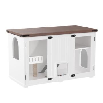 Wood Cat House with LED Light and Smart Locking Door, White