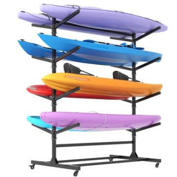 Heavy Duty Freestanding Kayak Storage Rack With Adjustable 8 Kayak Stand And Wheels For Garage, Indoor & Outdoor Use Metal - Black