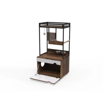 Wood and Metal Cat Tree Tower with Litter Box Cabinet and Top Shelf, White and Vintage Brown