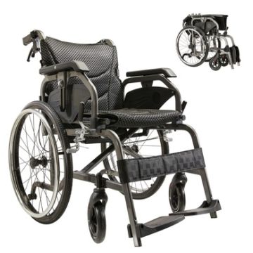 Premium Lightweight Foldable Transport Wheelchair Square Tube Design With Double Brakes Adjustable Handrail & Breathable Seat Ideal For Disabled & Post Surgery Recovery - Black / Gray