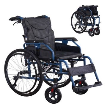 Premium Foldable Transport Wheelchair Frame Double Brakes Adjustable Armrests & Seat Belt Breathable Cushion Anti Backflip 300Lbs Capacity - Black / Blue