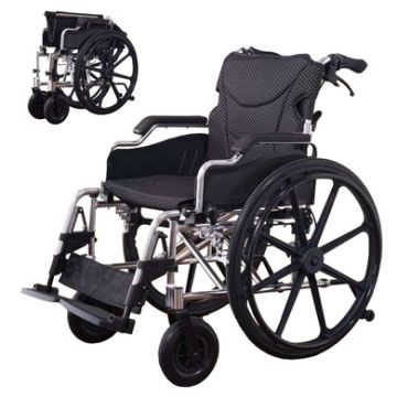 Lightweight Foldable Transport Wheelchair With Double X Force Support And Anti Backflip Device 18" Seat 300Lbs Capacity - Black / Silver
