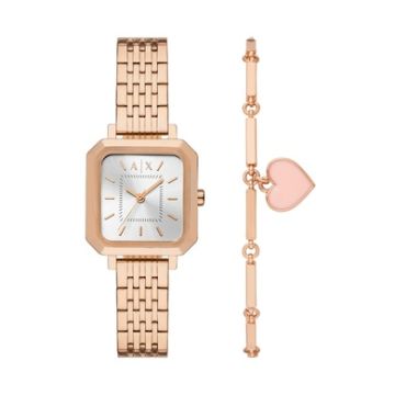 Armani Exchange Ladies Leila Rose Gold-tone Stainless Steel Square Watch Gift Set