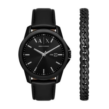 Armani Exchange Mens Banks Black Leather Strap Watch Gift Set