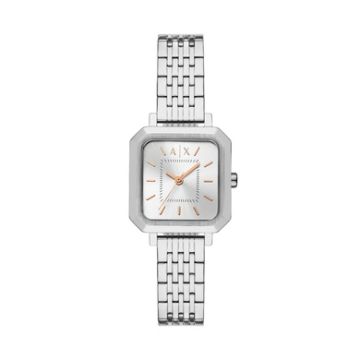 Armani Exchange Ladies Leila Silver-Tone Stainless Steel Square Watch Silver Dial