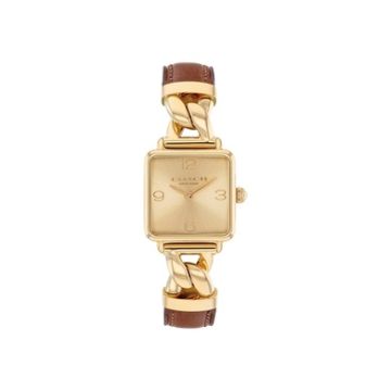 Ladies Cass Gold & Brown Leather Strap Square Watch Gold Dial