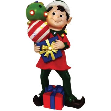 Fraser Hill Farm 30-inch Elf Figurine Holding Presents with Built-in Multicolor LED Lights