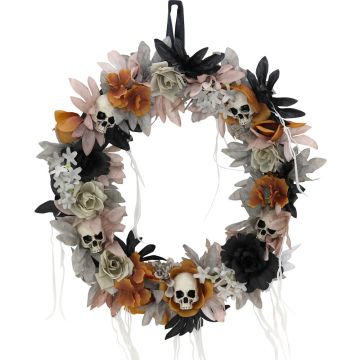 22-in. Gothic Skull Wreath with Multicolor Flowers, Indoor or Covered Outdoor Halloween Decoration