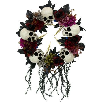 24-In. Halloween Wreath with Skulls, Fall Flowers, and Vines, Indoor/Covered Outdoor Halloween Decoration