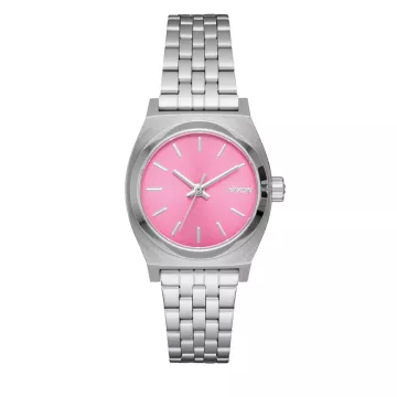 Unisex Small Time Teller Silver-Tone Stainless Steel Watch Pink Dial