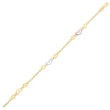 14k Tri Color Gold Anklet with Multi Color Heart Stations (10 Inch)